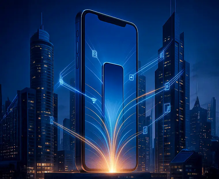 Arktel mobile internet visualized through a glowing smartphone with data icons, set against the Dubai skyline.