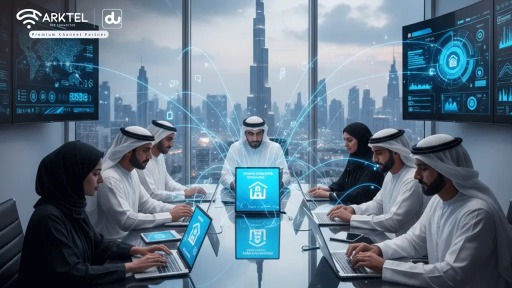Business professionals in the UAE discussing secure connectivity solutions with du network visuals, representing Arktel Technologies’ SME mobile and internet plans.