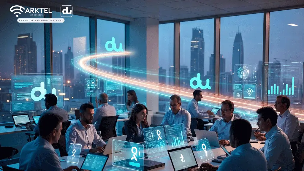 Professionals using laptops with du network visuals showing data flow, symbolizing Arktel Technologies’ business mobile and data plans for SMEs in Dubai