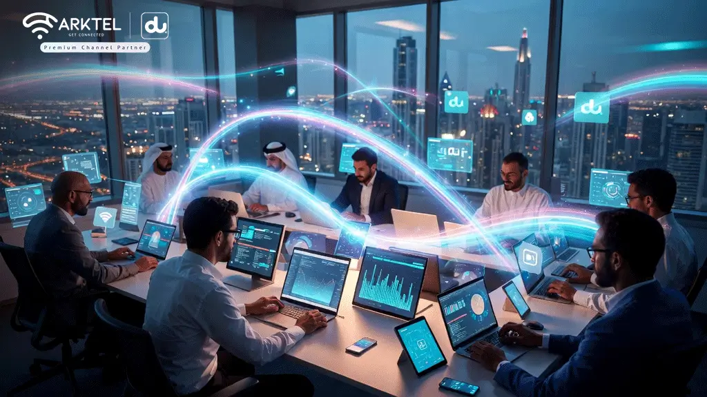 SME team working with du digital dashboards in a Dubai office, highlighting Arktel Technologies’ business connectivity and mobile plan services.